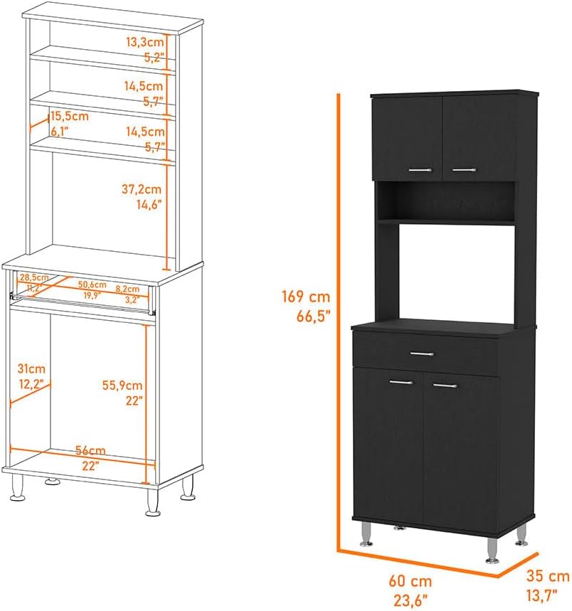 66" Tall Kitchen Pantry Cabinet with 4 Doors & 1 Drawers, Black Cupb...