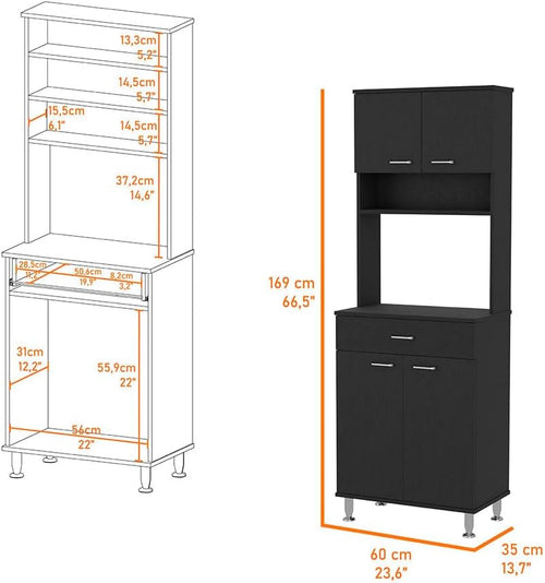 23.6" D*13.7" W*66.5" H Freestanding Kitchen Pantry with Dawer & 2 Shelves, 2 Double Doors, Rectangular Storage Cabinet, Traditional, for Living Room, Dining Room, Black