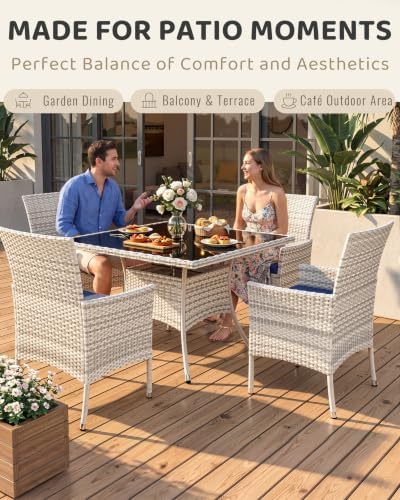 5-Piece Patio Dining, Set Patio Furniture Set Glass Table & 4 Wicker Chairs