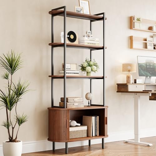 ComfyCorner 4 Tier Bookshelf with Cabinet, 71" Tall Display Bookcase Walnut
