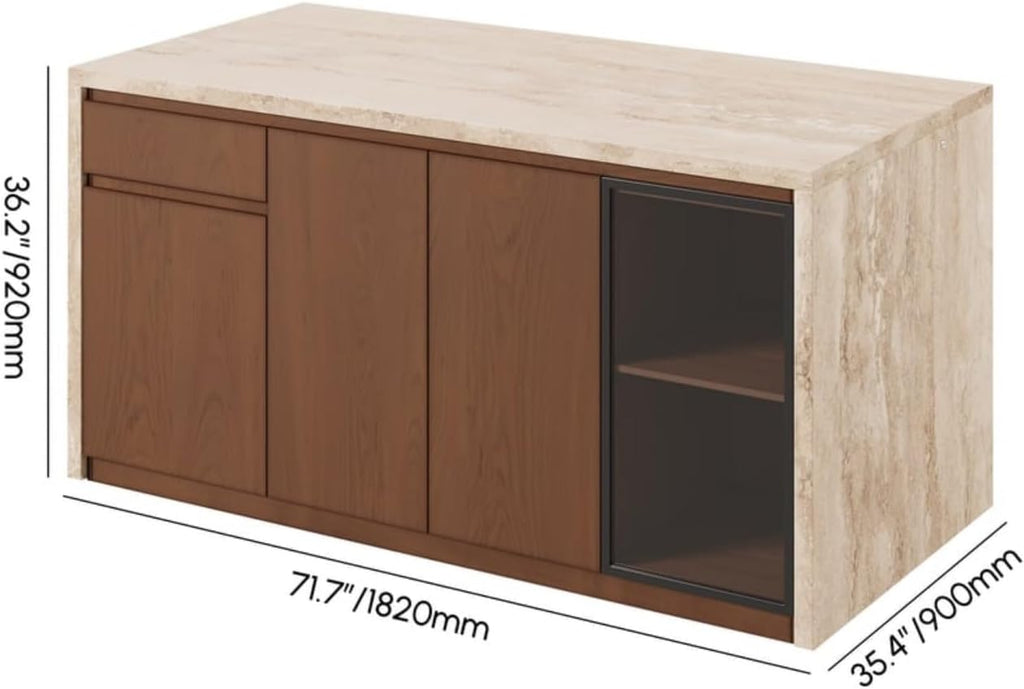 homary 72" Kitchen Island LED & Waterfall Edge - Modern Stationary Large Kitchen Cabinet with 3 Doors, 2 Drawers & Trash Storage, Adjustable Shelves (Matte Travertine & Walnut, Engineered Wood Top)