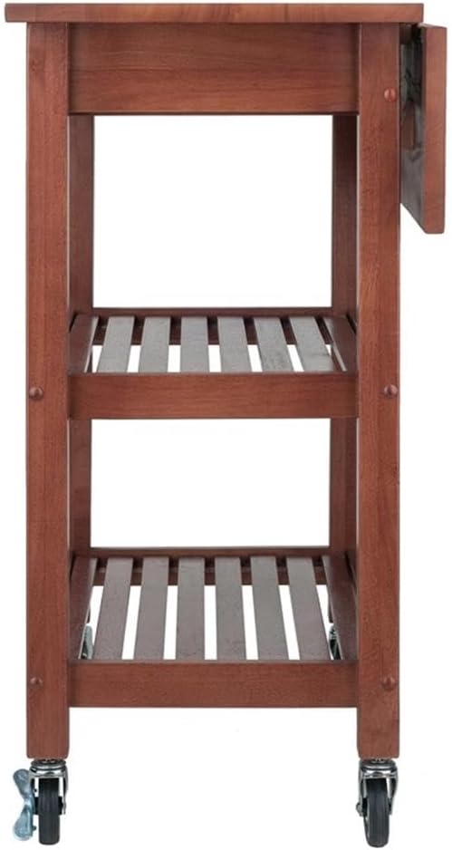 BOWERY HILL Solid Wood Kitchen Cart, Walnut Finish, Drop Leaf Extension, 2 Slatted Shelves, Locking Casters, 28.27" W x 16.66" D x 33.07" H, Rustic Transitional Indoor Storage for Kitchen