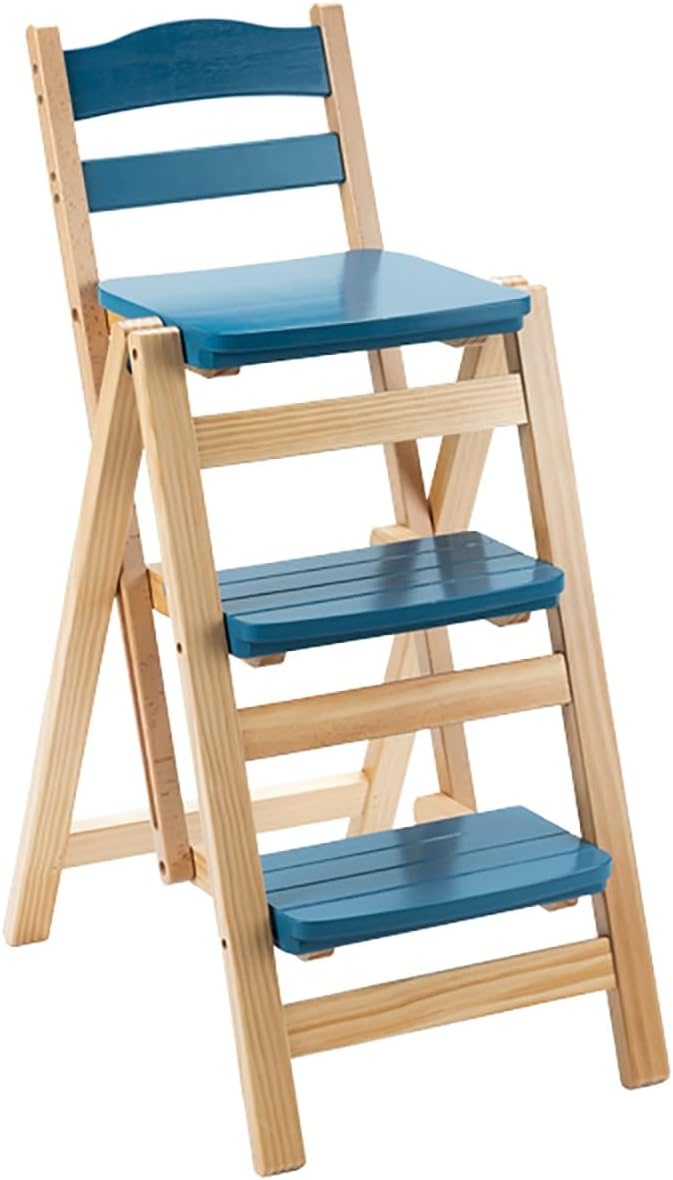 Solid Wood Folding Bar Stool Height Foldable Stool Tall Stool 3 Step Multifun...