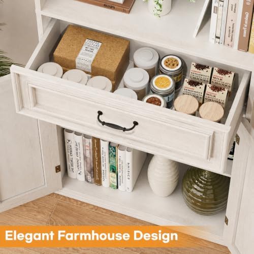 Cyclysio 80" Tall Bookcase with Drawer and Doors, Antique White/Walnut