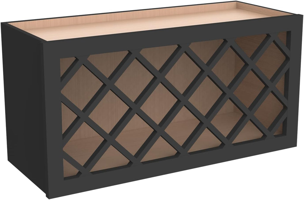 Solid Wood RTA Wine Bottle Rack Wall Cabinet with Lattice Panels Wine Storage for Bar, Pantry, Cellar & Countertop - Mocha (Charcoal Black, 30'W 12'D 15'H)