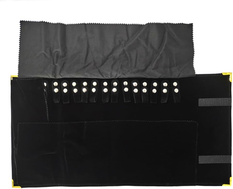 Premium Jewelry Roll Organizer for 16 Necklaces 55cm x 29cm Metal Snap & Velcro Closure - Ideal for Travel and Storage (Black with golden corner)