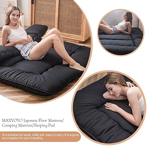 MAXYOYO Japanese Floor Mattress Futon Mattress, 4" Thicken Tatami Mat Sleeping Pad Foldable Roll Up Mat Boys Girls Dormitory Pad Kids Floor Lounger Cushion, Black, Queen