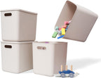 Plastic Storage Baskets With Lid Organizing Container Lidded Knit Storage Organizer Bins for Shelves Drawers Desktop Closet Playroom Classroom Office (4L, Light grey)