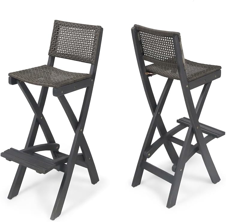 Saiveina 41.75" Outdoor Folding Acacia Wood Barstools with PE Rattan Bac...
