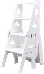 Foldable Wooden Library Ladder Chair with Storage Shelf 3 in 1 Multifunctional Display Ladder White 331lbs Capacity