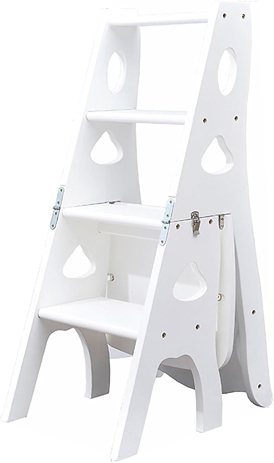 Foldable Wooden Library Ladder Chair with Storage Shelf 3 in 1 Multifunctional Display Ladder White 331lbs Capacity