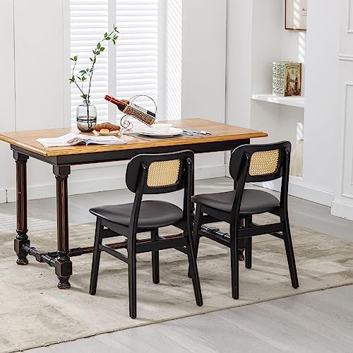 ROCITY Black Dining Chairs Set of 2 Faux Leather Dining Room Chairs with Ratt...