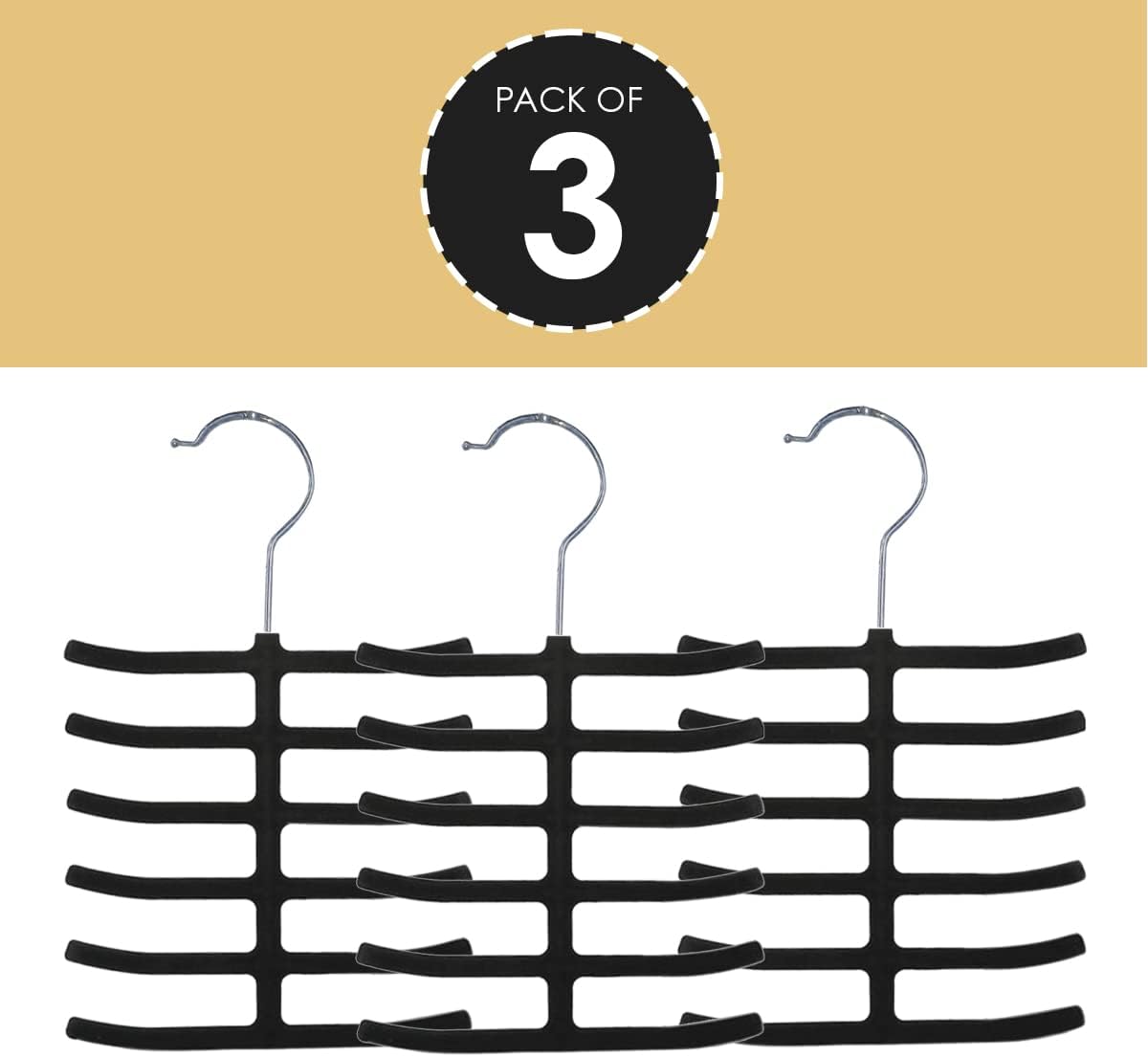 3-Pack Non-Slip Velvet Tie Hanger Organizer Rack by Home Basics | 360° Rotatable Hook | Holds 12 Ties Each | Versatile for Belts and Scarves | Slim Design