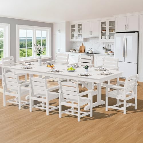 SERWALL 9Pcs 84" HDPE Outdoor Dining Set for 8 with Armchairs,White