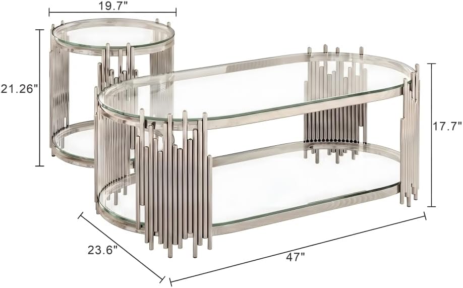 Coffee Table Set, 2-Piece Oval Glass Nesting Tables, Polished Chrome | Rhythm...