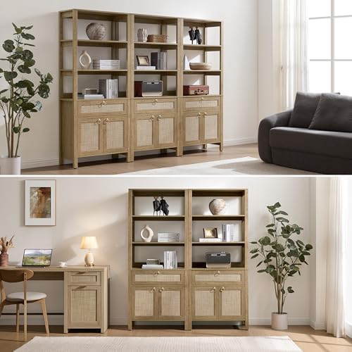 SICOTAS 68.5" Tall Boho Rattan Bookshelf with Single Drawer & Storag...