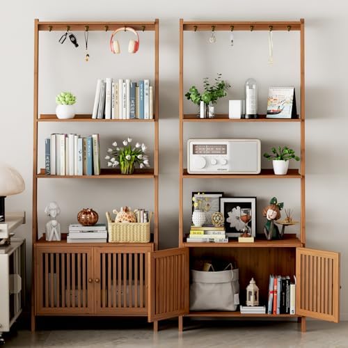 Bookcase with Drawers, Ladder Shelf 4-Tier Bamboo Bookshelf with 6 Hooks