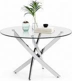 31.5" Round Glass Dining Table for 2-4, Tempered Glass Kitchen Tabletop with Chrome Legs, Clear Modern Small Circle Table for Apartment, Dining Room (Silver)