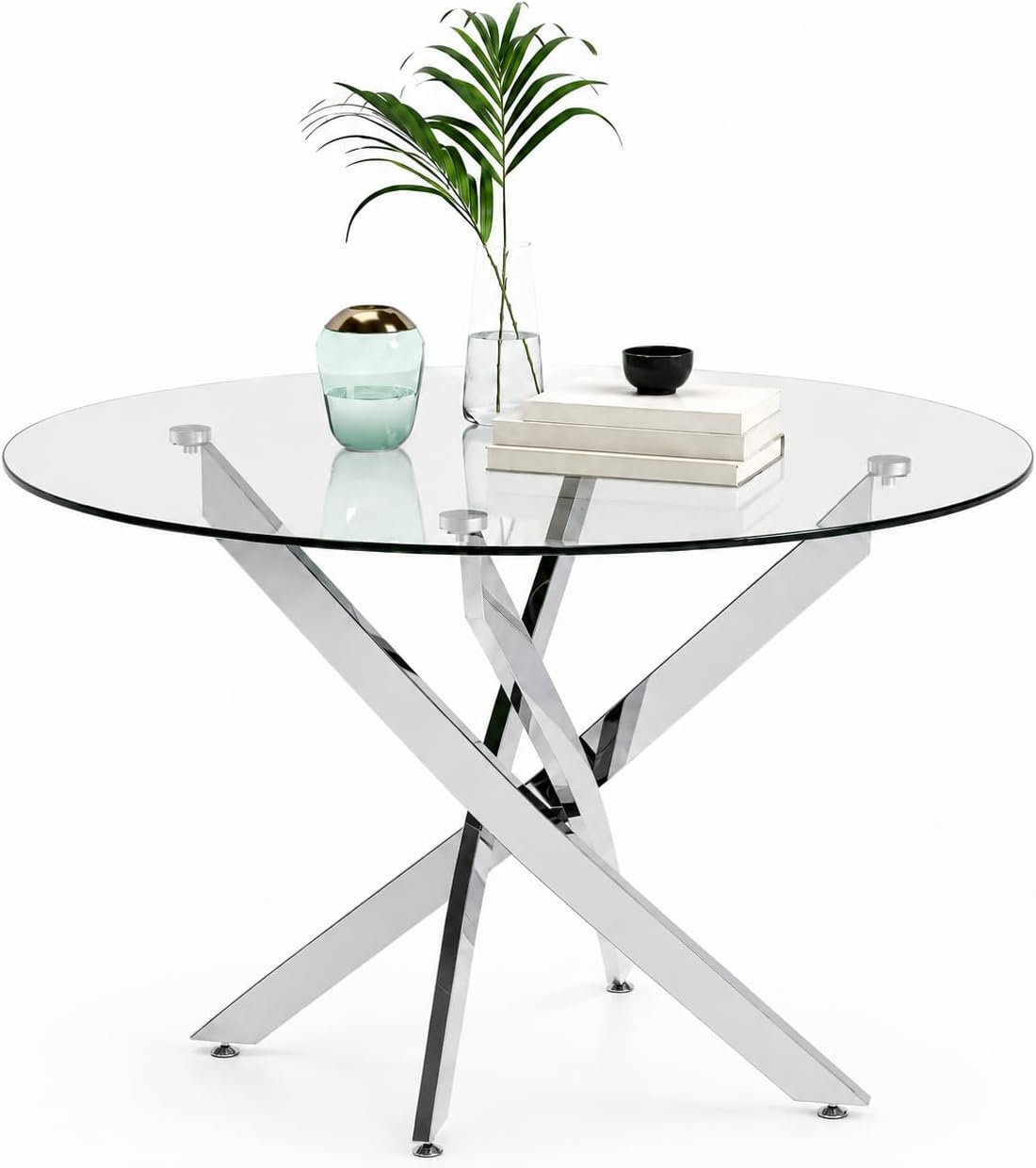 31.5" Round Glass Dining Table for 2-4, Tempered Glass Kitchen Tabletop with Chrome Legs, Clear Modern Small Circle Table for Apartment, Dining Room (Silver)