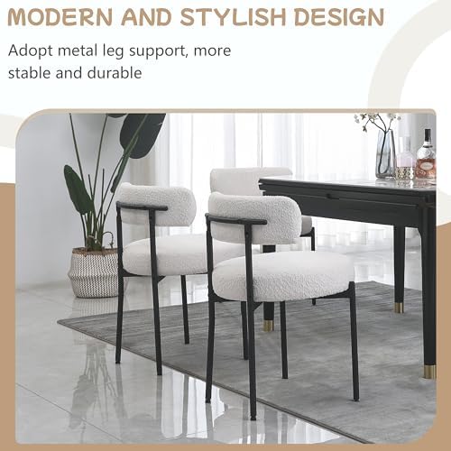 White Dining Chairs Set of 4 Round Upholstered Boucle Dining Room Chairs Mid-...