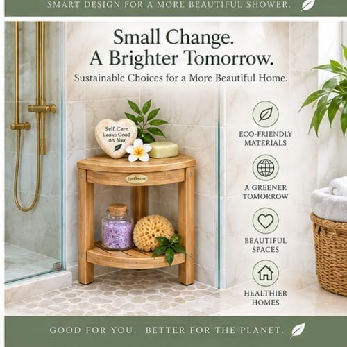 EcoDecors Corner Shower Stool with Shelf, Solid Teak Shower Bench