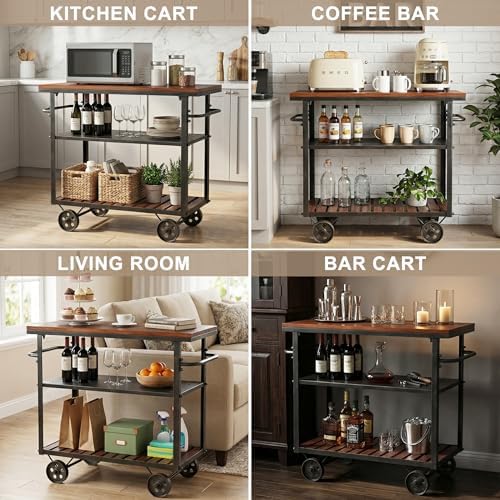 Vintage Rolling Bar Cart on Wheels Industrial Mobile Serving Cart Metal and W...