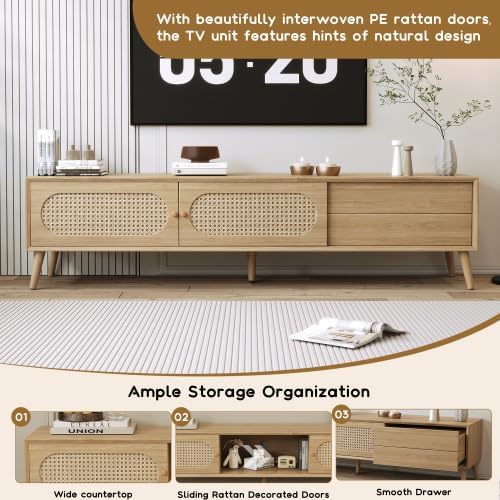Bellemave TV Stand for up to 80", Farmhouse Entertainment Center with 2 Cabinets & Drawer, TV Media Console with Sliding Doors & Solid Wood Legs for Living Room, Bedroom (Natural)