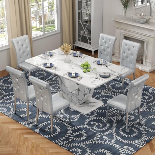 JUFU 63-Inch Faux Marble Dining Table Set for 6, Gray Chairs, Silver Legs