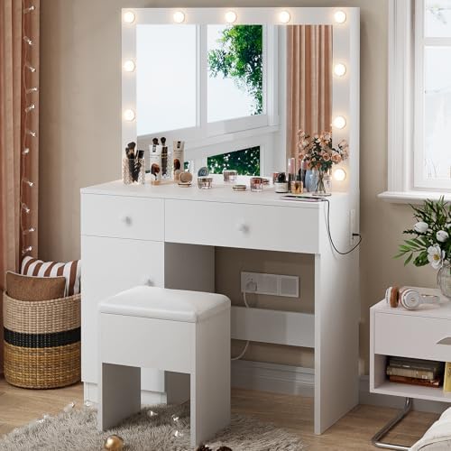 Haewon White Makeup Vanity Desk with Lighted Mirror and Storage Chiar Set | 1...