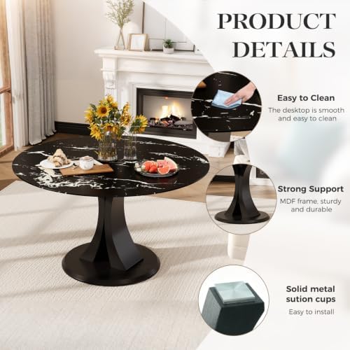 5-Piece Dining Table Set for 4 with 47 In Black Faux Marble Round Table