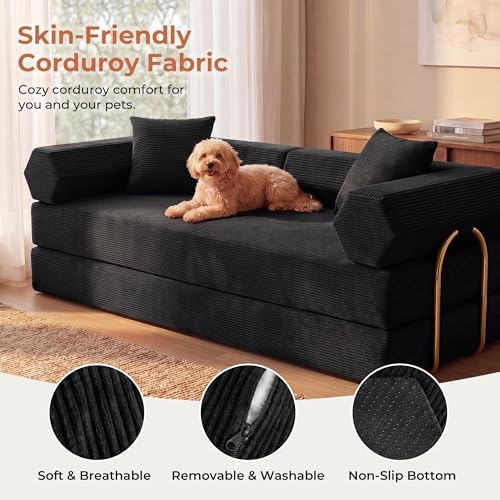 79" Convertible Futon Sofa Bed, Couch for Living Room | Black | 5-in-1 C...