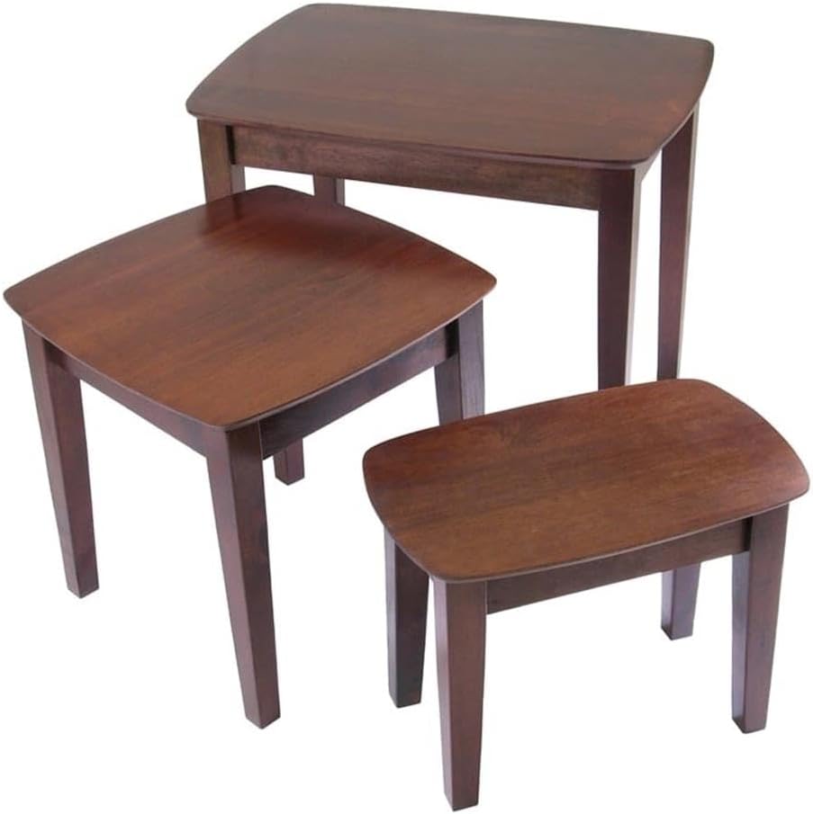 Pemberly Row 3-Piece Rectangular Solid Wood Nesting Tables, Antique Walnut Finish, Space-Saving Design, Rounded Tops and Tapered Legs, Living Room or Display Use