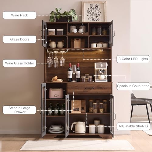 Fatmok 71" Tall Pantry Cabinet with Glass Doors, Kitchen Hutch Storage C...