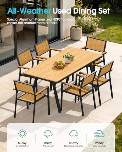 Aluminum Outdoor Dining Set of 6, Patio Table and Stackable Chairs, Teak
