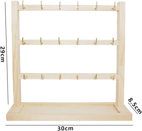 3 Layers of Wooden Display Eacks With Hooks for Necklaces. Rings, Earrings, Bracelets, And Other Jewelry Storage Display Rack