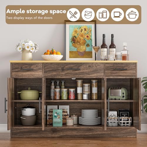 Vongrasig Buffet Cabinet with Drawers, 53” Large Sideboard Buffet Kitchen Sto...