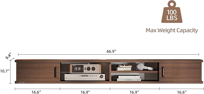 FurniNova Floating TV Stand,66'' Wall Mounted TV Console,Floating TV Shelf,Wall TV Cabinet,Floating Entertainment Shelf,Walnut