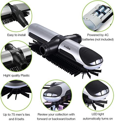 Motorized Tie Rack Closet Organizer with LED Lights Includes J Hooks for Wired Shelving Stores Up to 72 Ties & 8 Belts Operates with Batteries