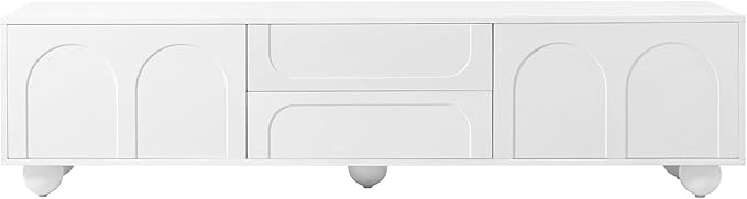 Ball & Cast 70" Modern TV Stand for TVs up to 75", Cream Media Console with Arched Push-to-Open Doors,2 Cabinets & 2 Drawers, 5 Iron Round Legs,Entertainment Center for Living Room,Bedroom,White