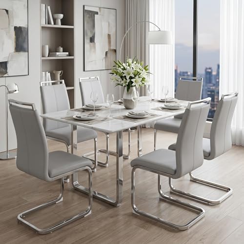 gopop Dining Chairs Set of 6, Faux Leather with Plated Chrome Metal Frame, Mo...