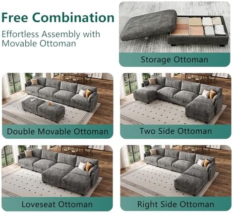 Modular Sectional Sofa, 132" U Shaped Couch with Storage, Chenille | Hig...