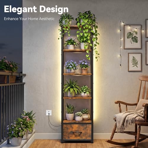 Housolution 6 Tier 60.6" Tall Bookshelf with Storage and LED Light, Brown