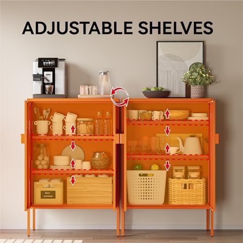 COFaR Orange Metal Storage Cabinet, 47”H Vibrant Coffee Bar & Buffet Side...
