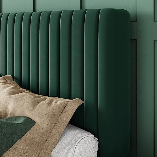 Allewie King Bed Frame, Velvet Upholstered Platform Bed with Adjustable Verti...