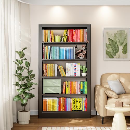 5-Tier Bookcase with Adjustable Storage Shelves, Heavy Duty Bookcase, Metal B...