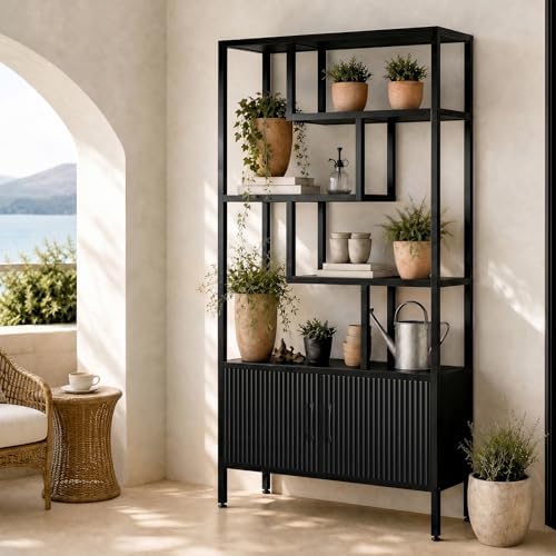5-Tier Fluted Etagere Bookshelf Storage Cabinet Tall Bookcase Black