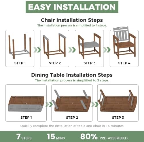HDPE Outdoor Dining Set, Patio Table and 4 Chairs, 2" Umbrella Hole, Teak