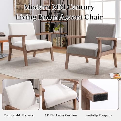 BESTANO Mid Century Modern Accent Chair Set of 2, Linen Upholstered Living Ro...