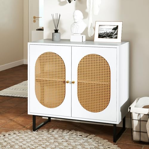 GIANTEX Boho Rattan Sideboard Buffet Cabinet with Storage, White