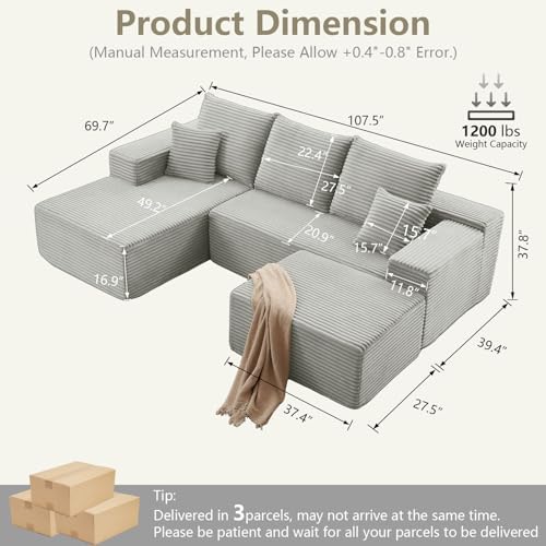 Lakifun 107" L-Shape Sofa with Ottoman, Modern Modular Sectional Comfy U...